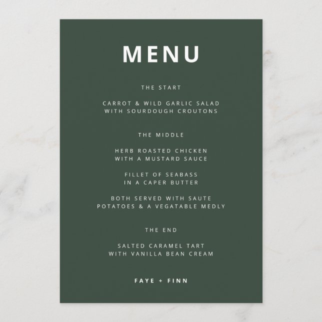Dark Green | Moss Minimalist Scandi Modern Wedding Menu (Front)