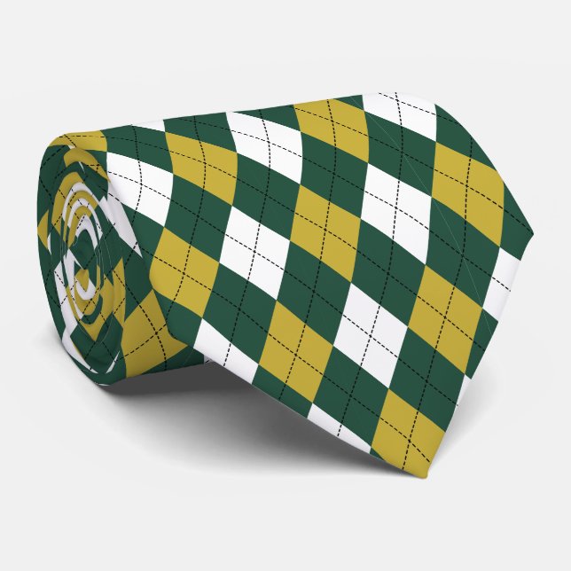 Dark Green & Mustard Argyle Pattern Necktie   (Rolled)