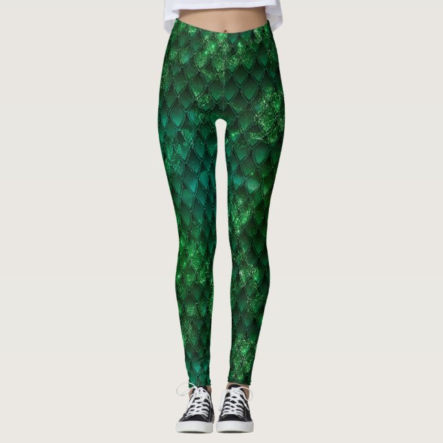 Dark Green Ombre & Sparkles Dragon Scales Leggings (Front)