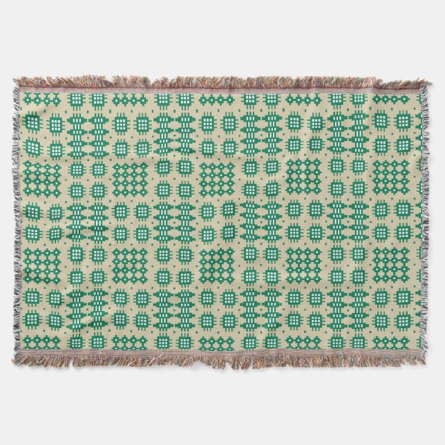 Dark Green on Beige Welsh Tapestry Pattern Blanket (Front)