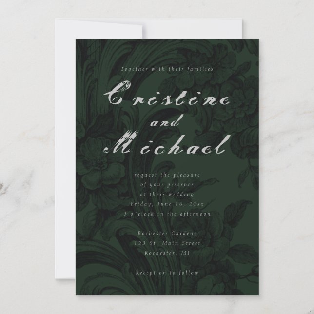 Dark green ornamental elegant script wedding  invitation (Front)