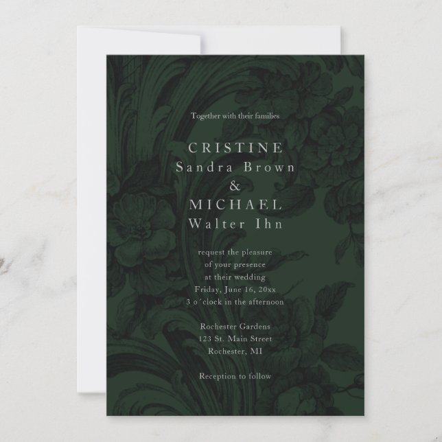 Dark green ornamental elegant wedding invitation (Front)