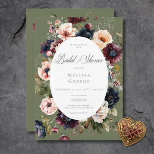 Dark Green Oval Floral Frame Bridal Shower Invitation