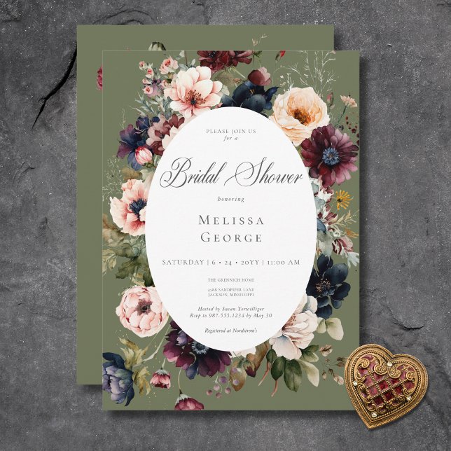 Dark Green Oval Floral Frame Bridal Shower Invitation (Dark Green Oval Floral Frame Bridal Shower Invitation)