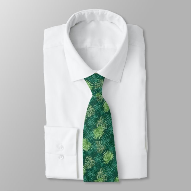 Dark Green Palm Leaf Pattern Tropical Neck Tie (Tied)
