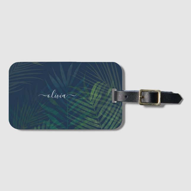 Dark Green Palm Leaves Luggage Tag – Tropical tag (Front Horizontal)