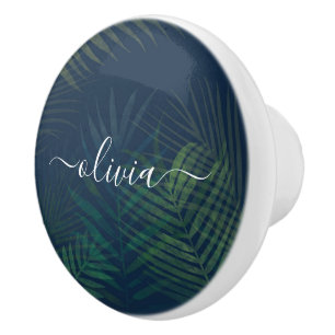 Dark green palms leaves pattern ceramic knob