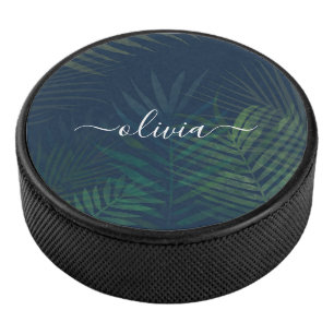 Dark green palms leaves pattern hockey puck