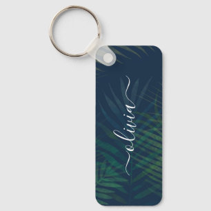 Dark green palms leaves pattern key ring