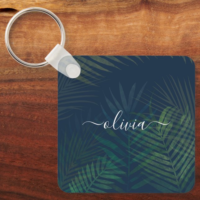  Dark Green Palms Leaves Pattern Keychain  (Front)
