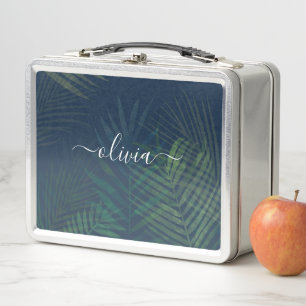 Dark green palms leaves pattern metal lunch box