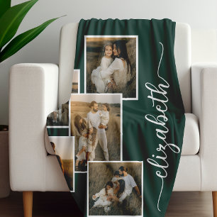 Dark Green Personalised With Name 5 Photo Collage Fleece Blanket