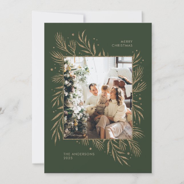 Dark Green Photo Christmas Family Holiday gold Invitation (Front)