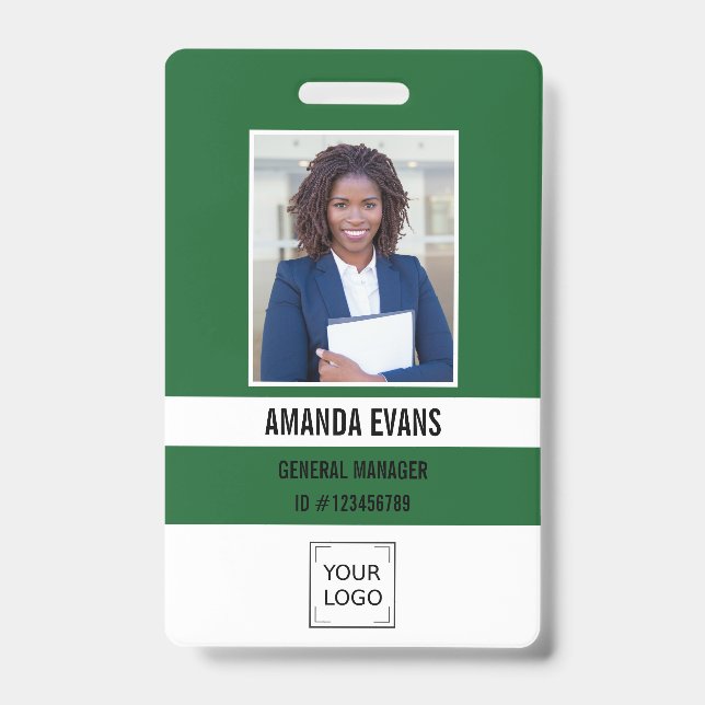 Dark Green Photo Employee Logo or QR CODE Security ID Badge (Front)