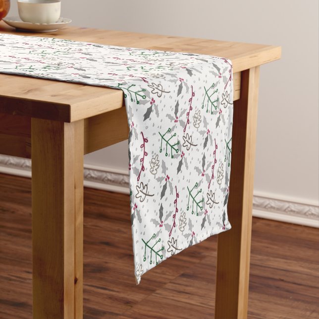 Dark Green Pine Needles Red Holly Berries Pattern Short Table Runner (In Situ)