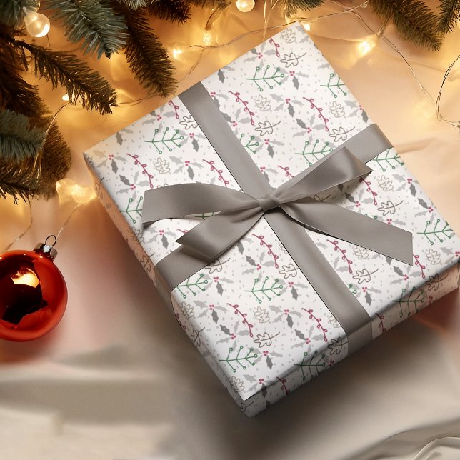 Dark Green Pine Needles Red Holly Berries Pattern Wrapping Paper (Creator Uploaded)