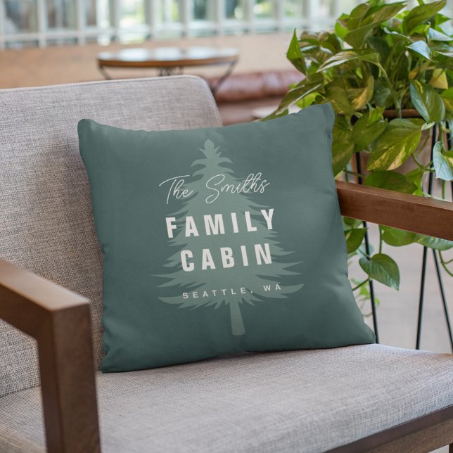Dark Green Pine Tree Family Cabin Custom Name Cushion (Creator Uploaded)