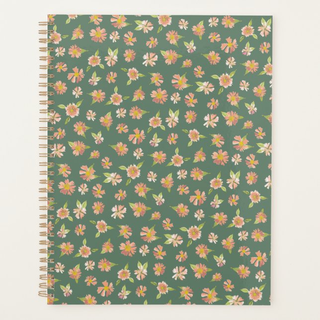 Dark Green Pink Floral Pattern Planner (Front)