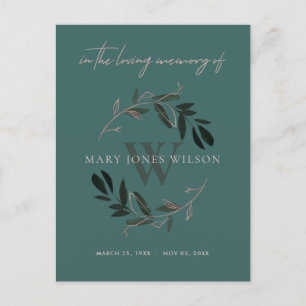DARK GREEN PINK FOLIAGE WREATH MEMORIAL THANK YOU INVITATION POSTCARD