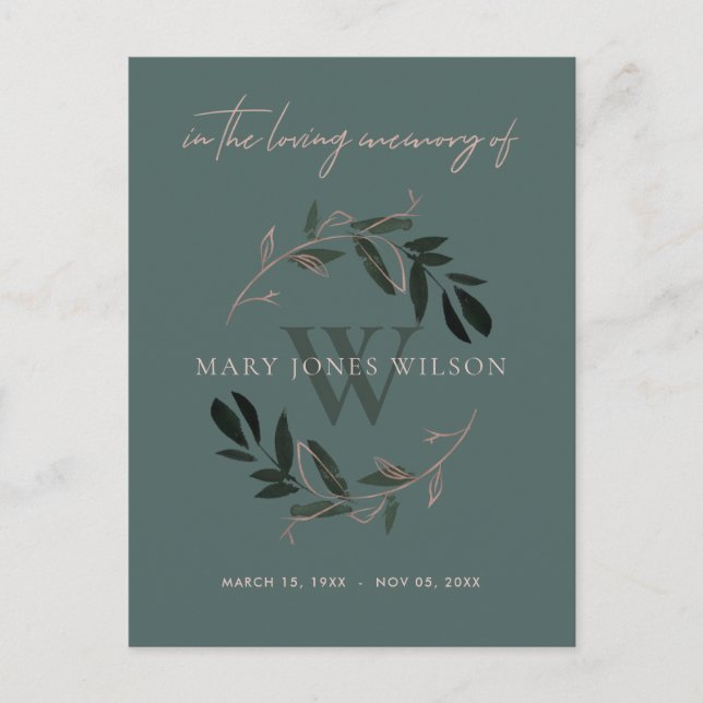 DARK GREEN PINK FOLIAGE WREATH MEMORIAL THANK YOU INVITATION POSTCARD (Front)