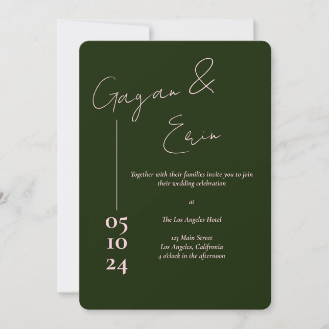 Dark Green pink Love Letter Wedding Invitations  (Front)