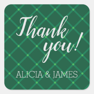 Dark green plaid couple thank you square sticker