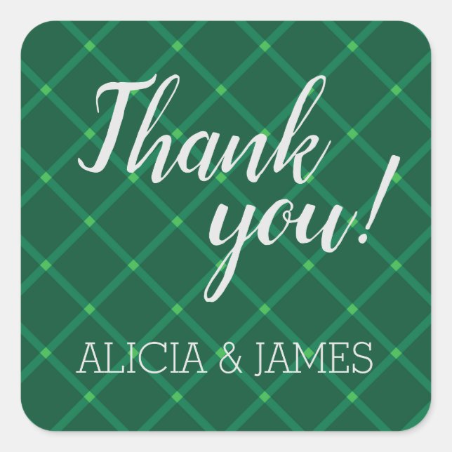 Dark green plaid couple thank you square sticker (Front)