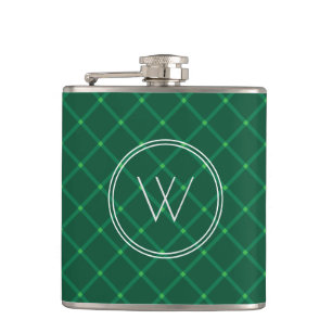 Dark green plaid festive custom monogram hip flask