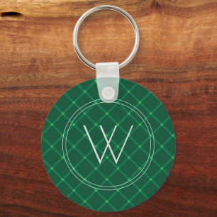 Dark green plaid festive custom monogram key ring