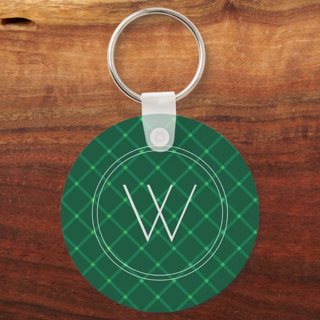 Dark green plaid festive custom monogram  key ring (Front)