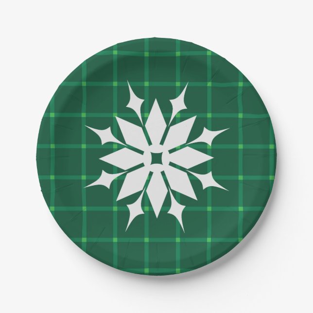 Dark green plaid festive snowflake paper plate (Front)
