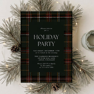 Dark Green Plaid Holiday Party Invitation