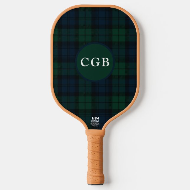 Dark Green Plaid with Monogram Pickleball Paddle (Front)