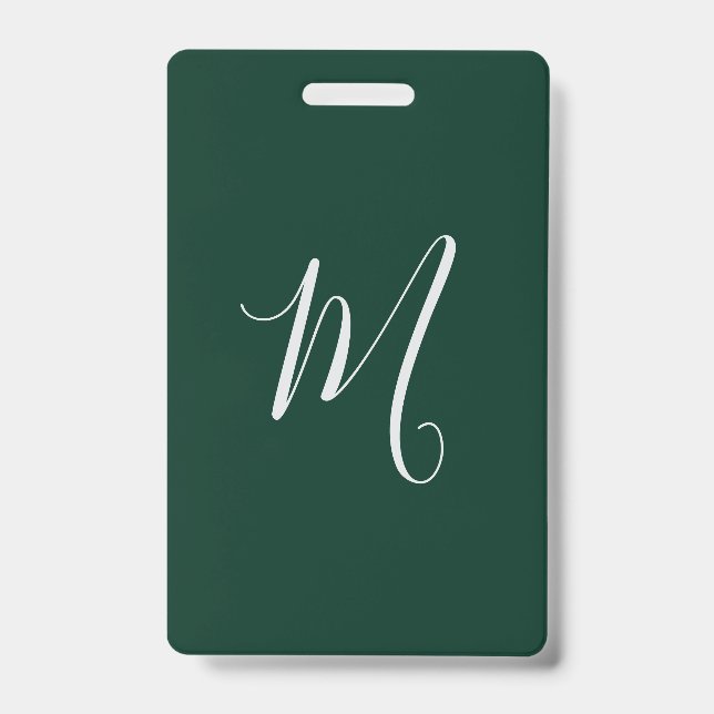 Dark Green Plain Elegant Modern Own Name Monogram ID Badge (Front)