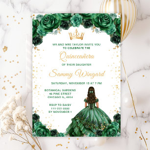Dark Green Princess Floral Quinceañera Invitation