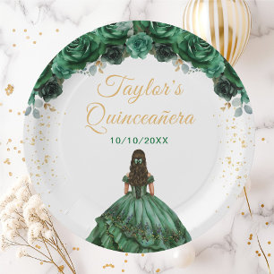 Dark Green Princess Floral Quinceañera Paper Plate