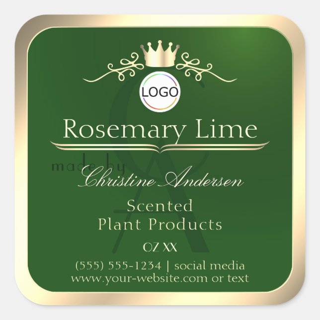 Dark Green Product Label Gold Frame Logo Monogram (Front)