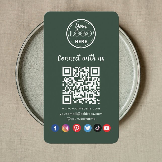 Dark Green QR Code Connect With Us Social Media Business Card (Creator Uploaded)