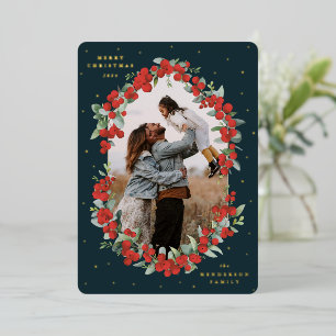 Dark Green Red Berries+Eucalyptus Christmas Photo Foil Holiday Card