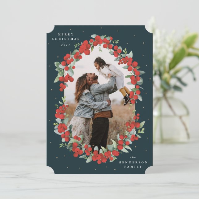 Dark Green Red Berries+Eucalyptus Christmas Photo Holiday Card (Standing Front)