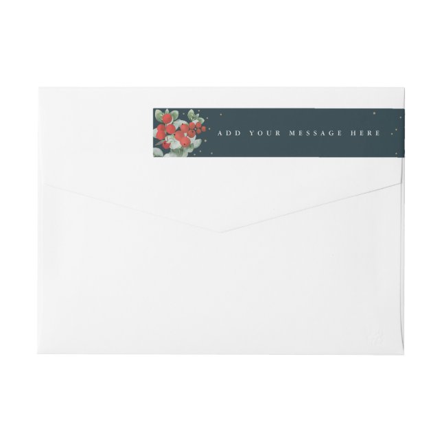 Dark Green Red Berries+Eucalyptus Holiday Classic Wrap Around Label (Back)