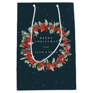 Dark Green Red Berry+Eucalyptus Christmas/Holiday Medium Gift Bag