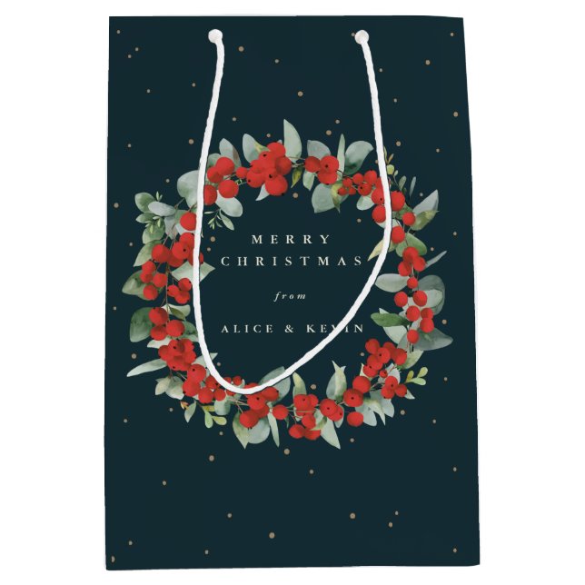 Dark Green Red Berry+Eucalyptus Christmas/Holiday Medium Gift Bag (Front)