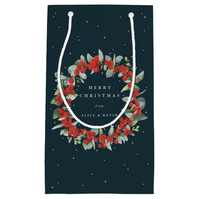 Dark Green Red Berry+Eucalyptus Christmas/Holiday Small Gift Bag (Front)