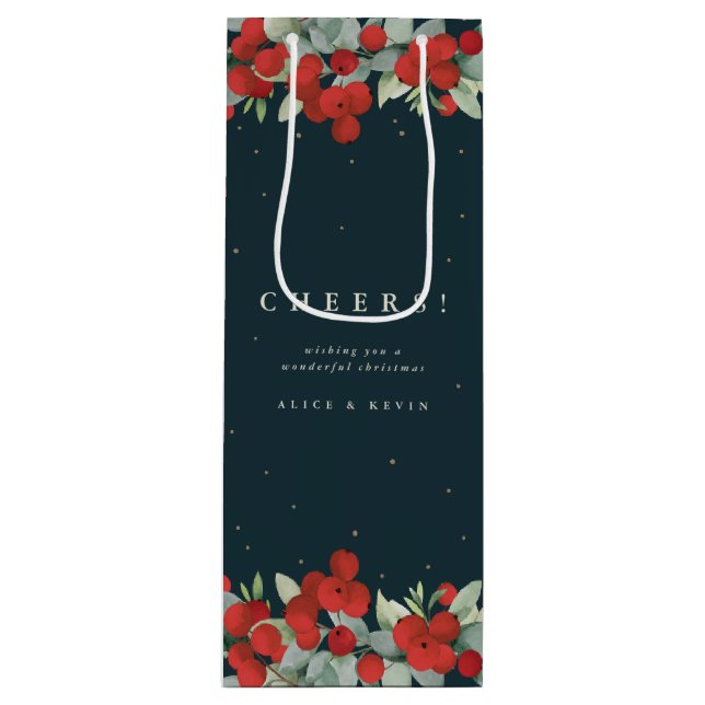 Dark Green Red Berry+Eucalyptus Christmas/Holiday Wine Gift Bag (Front)