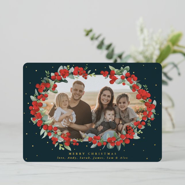 Dark Green Red Berry + Eucalyptus Christmas Photo Foil Holiday Card (Standing Front)