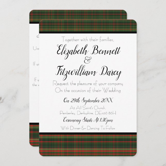 Dark Green & Red Tartan / Plaid Wedding Invitation (Front/Back)