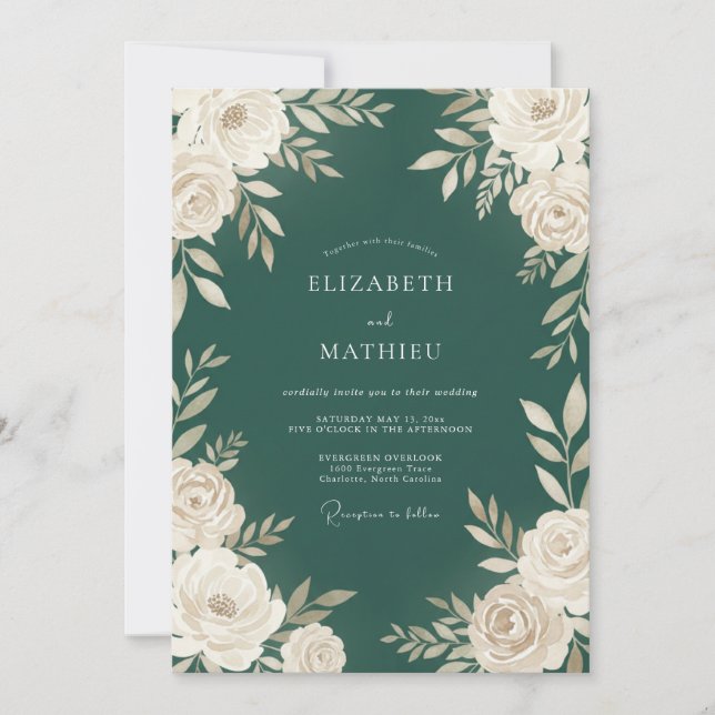 Dark Green Refined Botanical Wedding Invitation (Front)