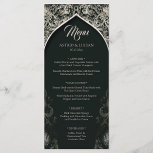 Dark Green Regal Silver Flourish Wedding Menu