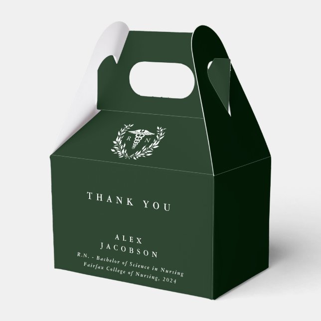 Dark Green Registered Nurse+Caduceus Graduation Favour Box (Front Side)